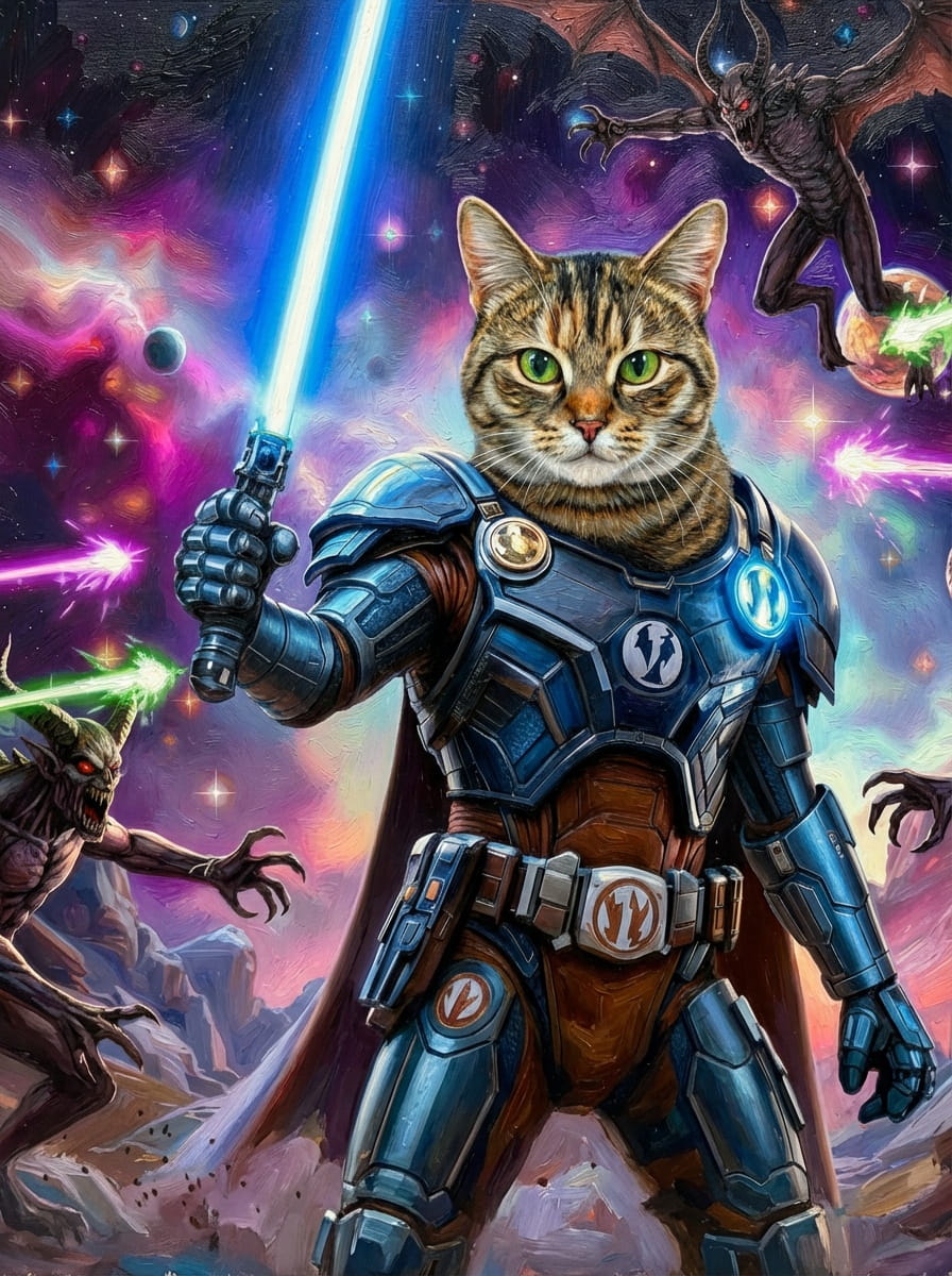 Knight Guardians of the Future - Send your pet to the stars! With glowing blades and futuristic armour, we'll craft their cosmic hero portrait !