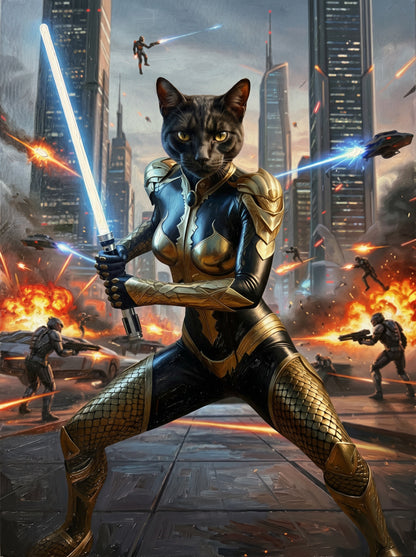 Knight Guardians of the Future - Send your pet to the stars! With glowing blades and futuristic armour, we'll craft their cosmic hero portrait !