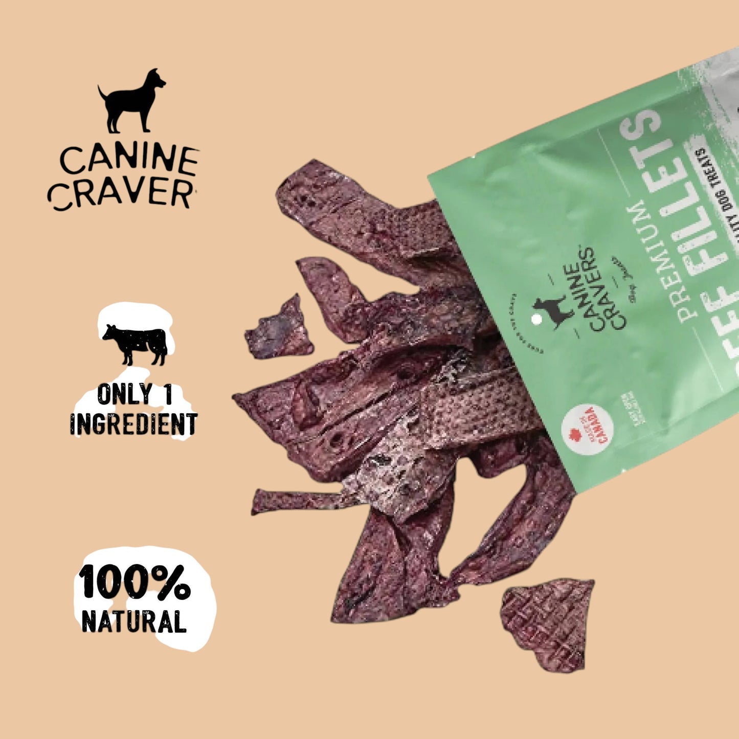 Pets Paradise Love premium air-dried beef fillet dog treats with natural ingredients in a green packaging pouch.