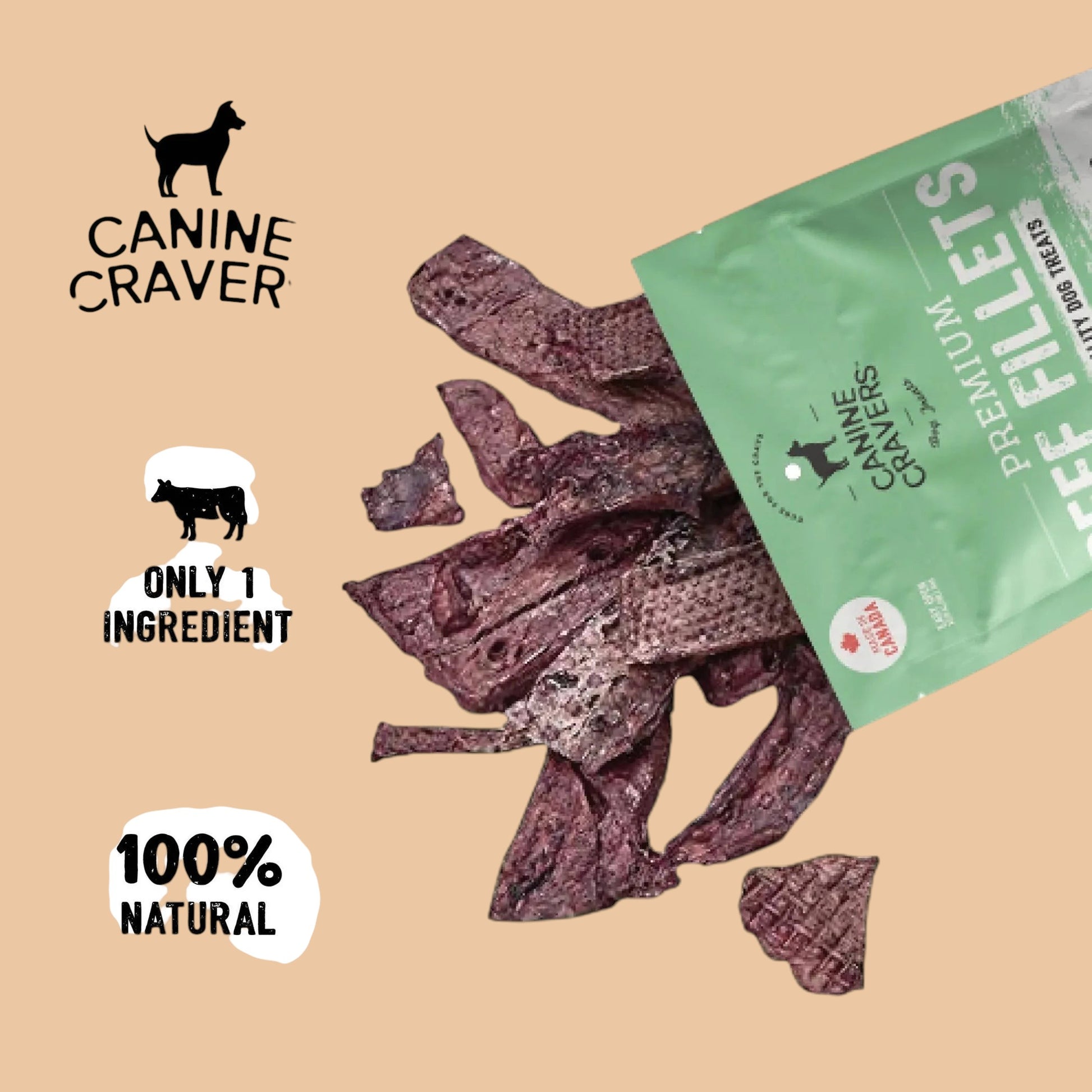 Pets Paradise Love premium air-dried beef fillet dog treats with natural ingredients in a green packaging pouch.