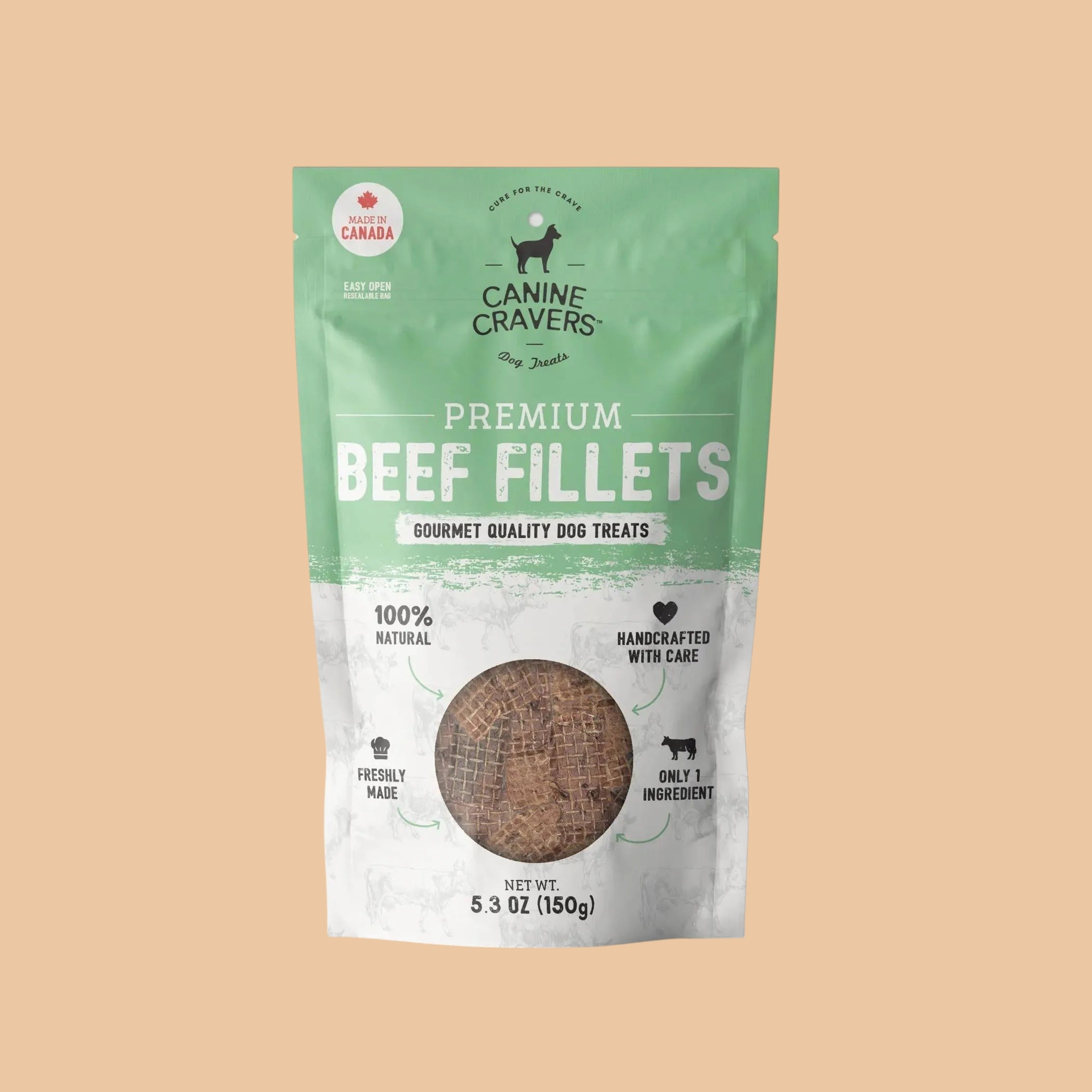 Pets Paradise Love premium beef fillet dog treats in a resealable green pouch, 100% natural and single-ingredient.