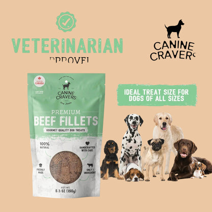 Pets Paradise Love premium beef fillet dog treats in a green resealable pouch with a group of happy dogs.