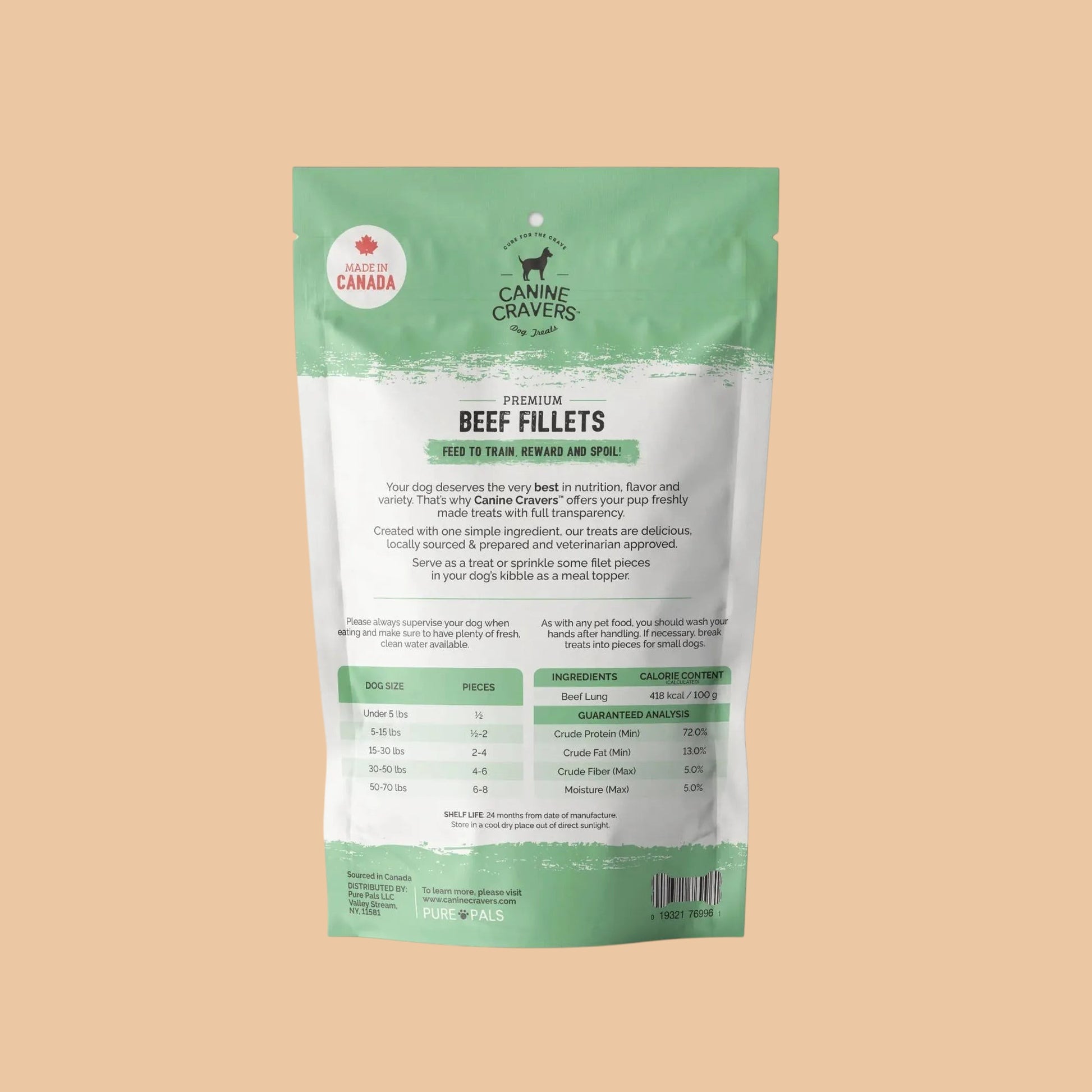 Pets Paradise Love premium beef fillet dog treat bag back view with nutritional information and feeding guide.