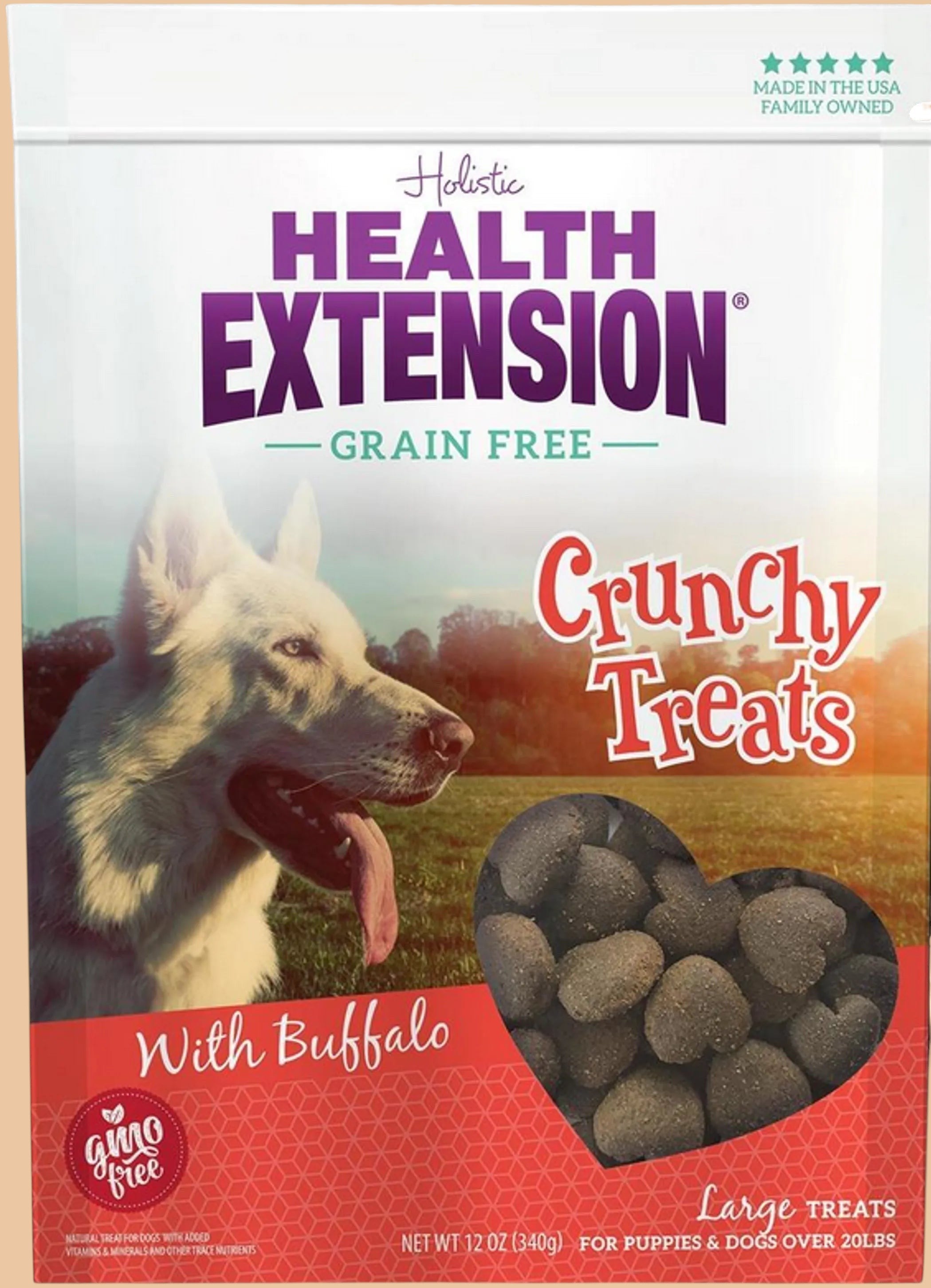 Pets Paradise Love Buffalo Heart Treats for dogs, crunchy grain-free snacks with chicken and buffalo in a 12oz bag.