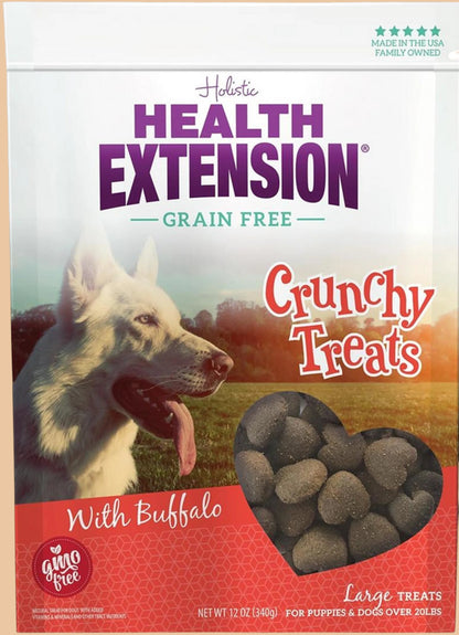 Pets Paradise Love Buffalo Heart crunchy dog treats in a bag with a white dog and heart-shaped snacks.