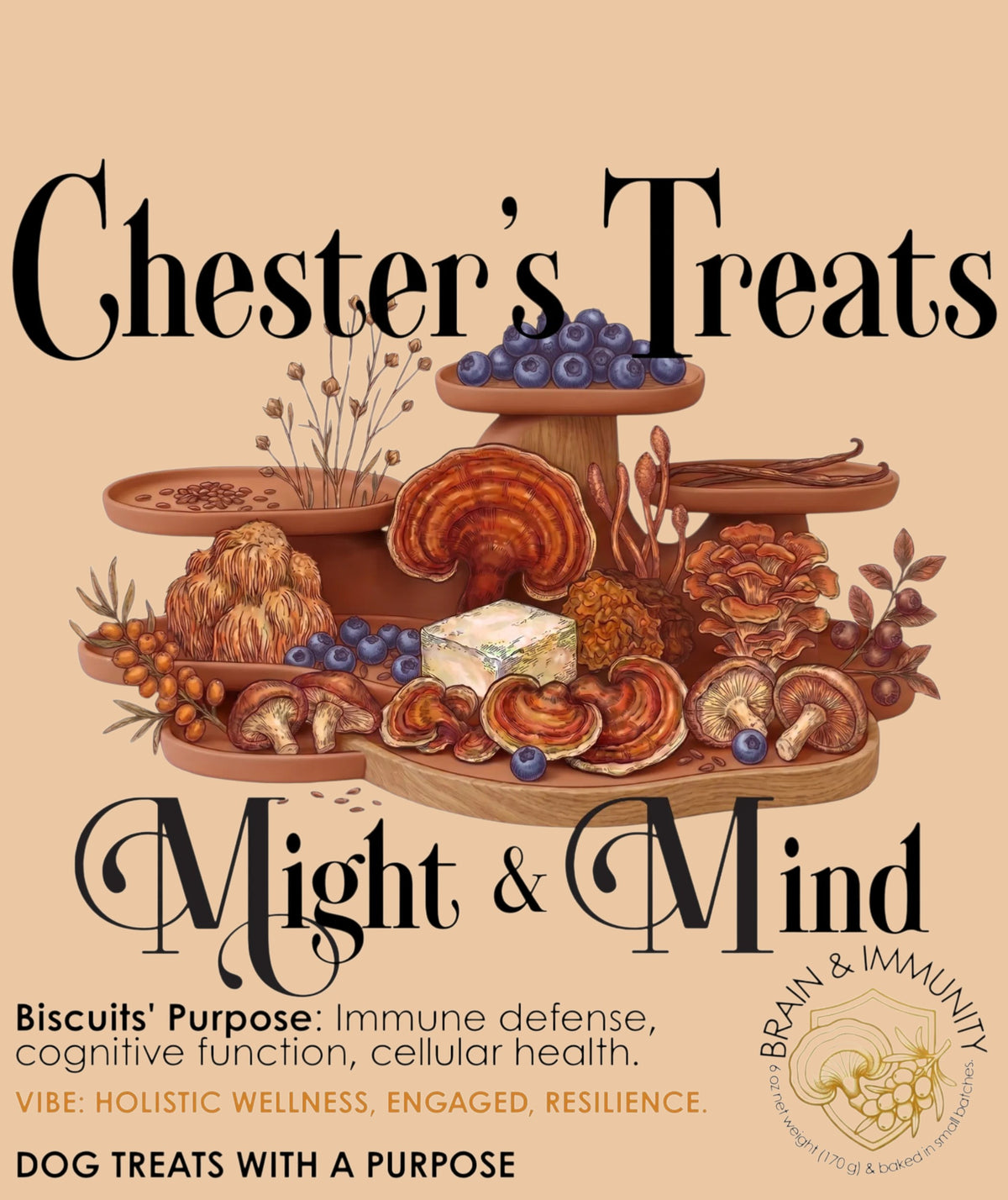 Pets Paradise Love Chester Might & Mind dog treat illustration featuring mushrooms, blueberries, and vanilla beans.