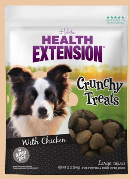 Pets Paradise Love Health Extension crunchy chicken heart dog treats in a bag with a border collie portrait