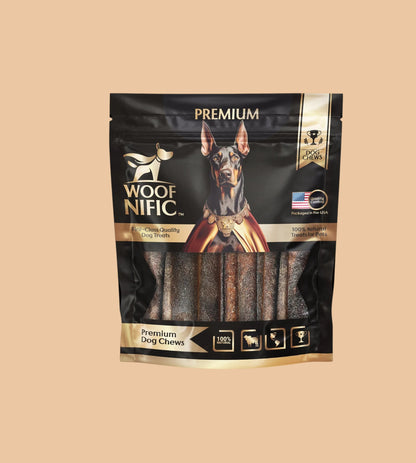 Pets Paradise Love Woof Nific straight collagen bully sticks in a black resealable bag for medium to large dogs