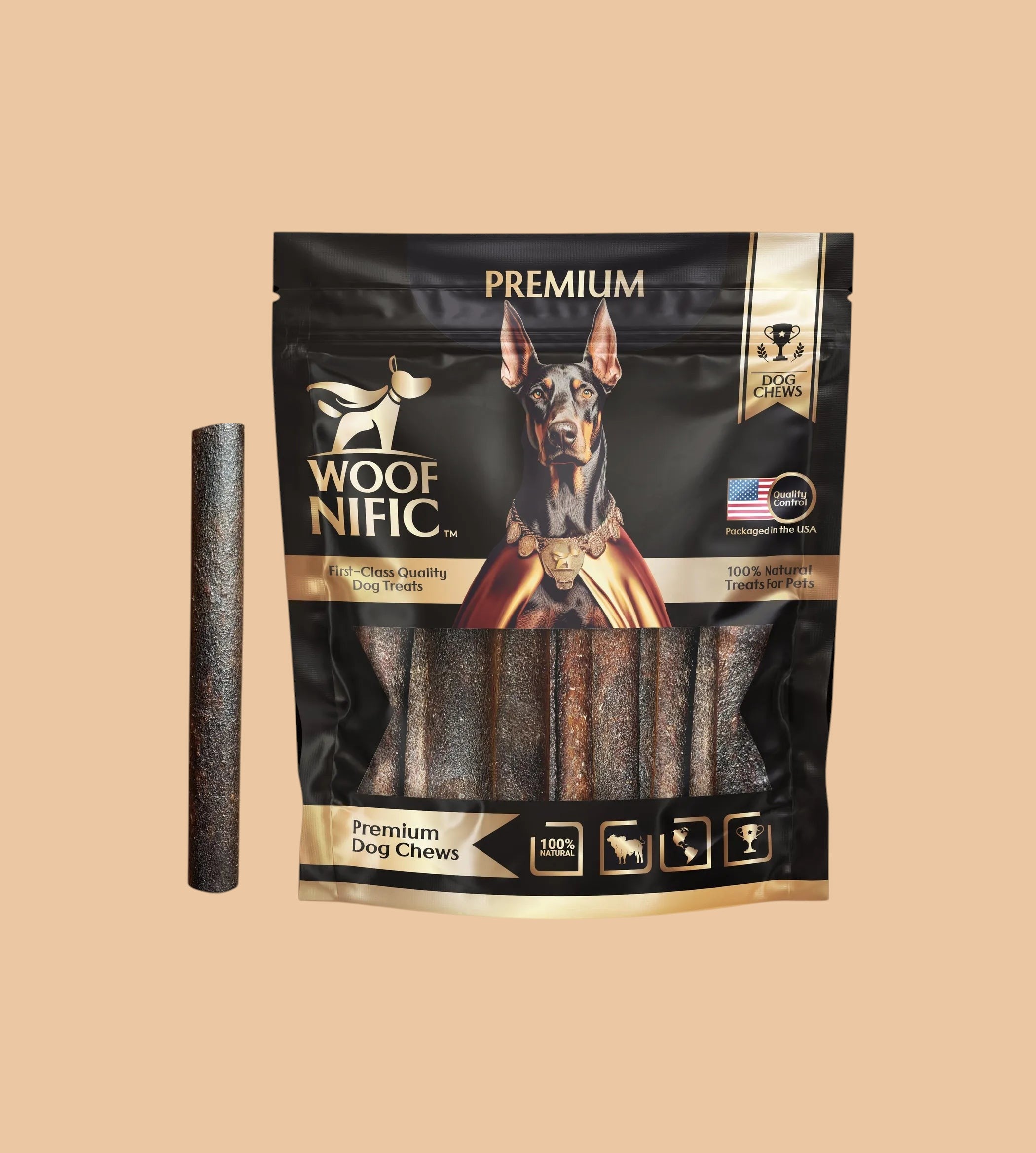 Pets Paradise Love Woof Nific straight collagen bully sticks in black packaging with a Doberman illustration