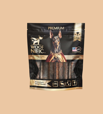 Pets Paradise Love Woof Nific straight collagen bully sticks in a black premium packaging for dogs