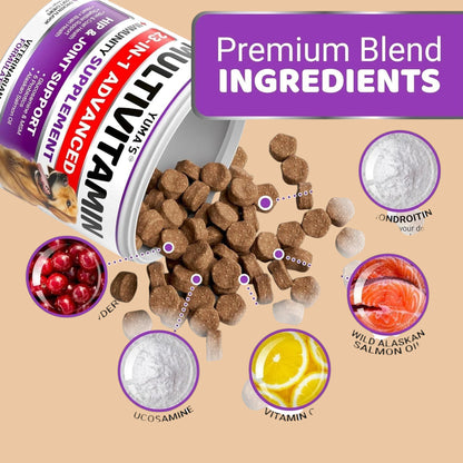 Pets Paradise Love YUMA'S 23-in-1 dog multivitamin soft chews with glucosamine, salmon oil, and vitamin ingredients.