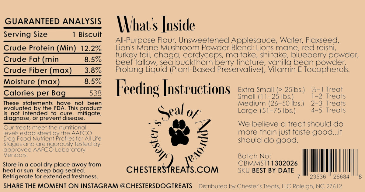 Pets Paradise Love Chester Might & Mind dog treat packaging label with guaranteed analysis and feeding instructions.
