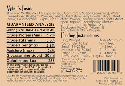 Pets Paradise Love Chester Triple Berry Waffle dog treat label with guaranteed analysis and feeding instructions.