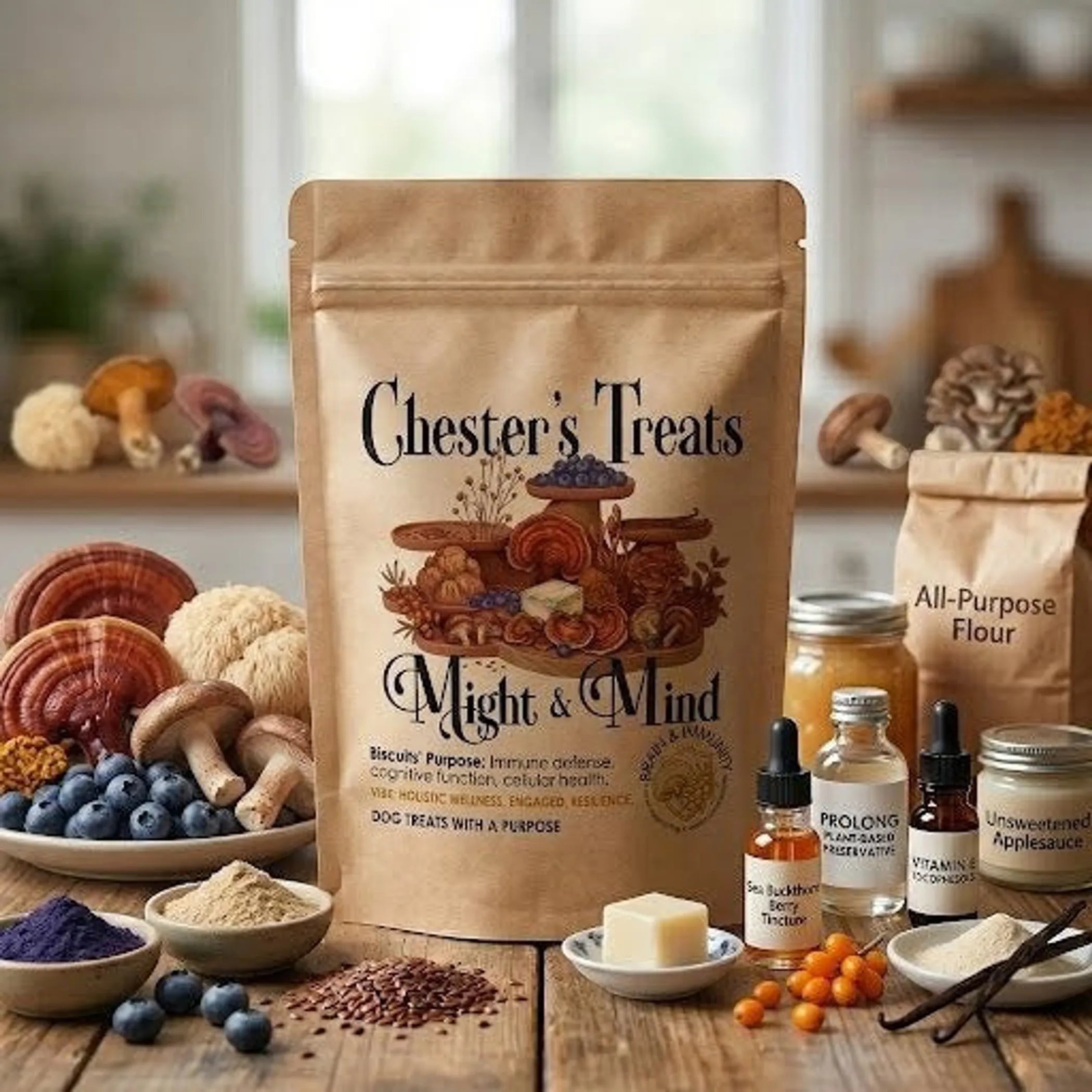 Pets Paradise Love Chester Might & Mind dog treat bag surrounded by fresh mushrooms, blueberries, and natural ingredients.