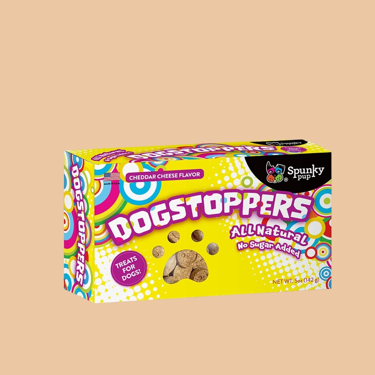 Pets Paradise Love Dogstoppers crunchy cheddar cheese dog treats in a colorful retro movie-style box