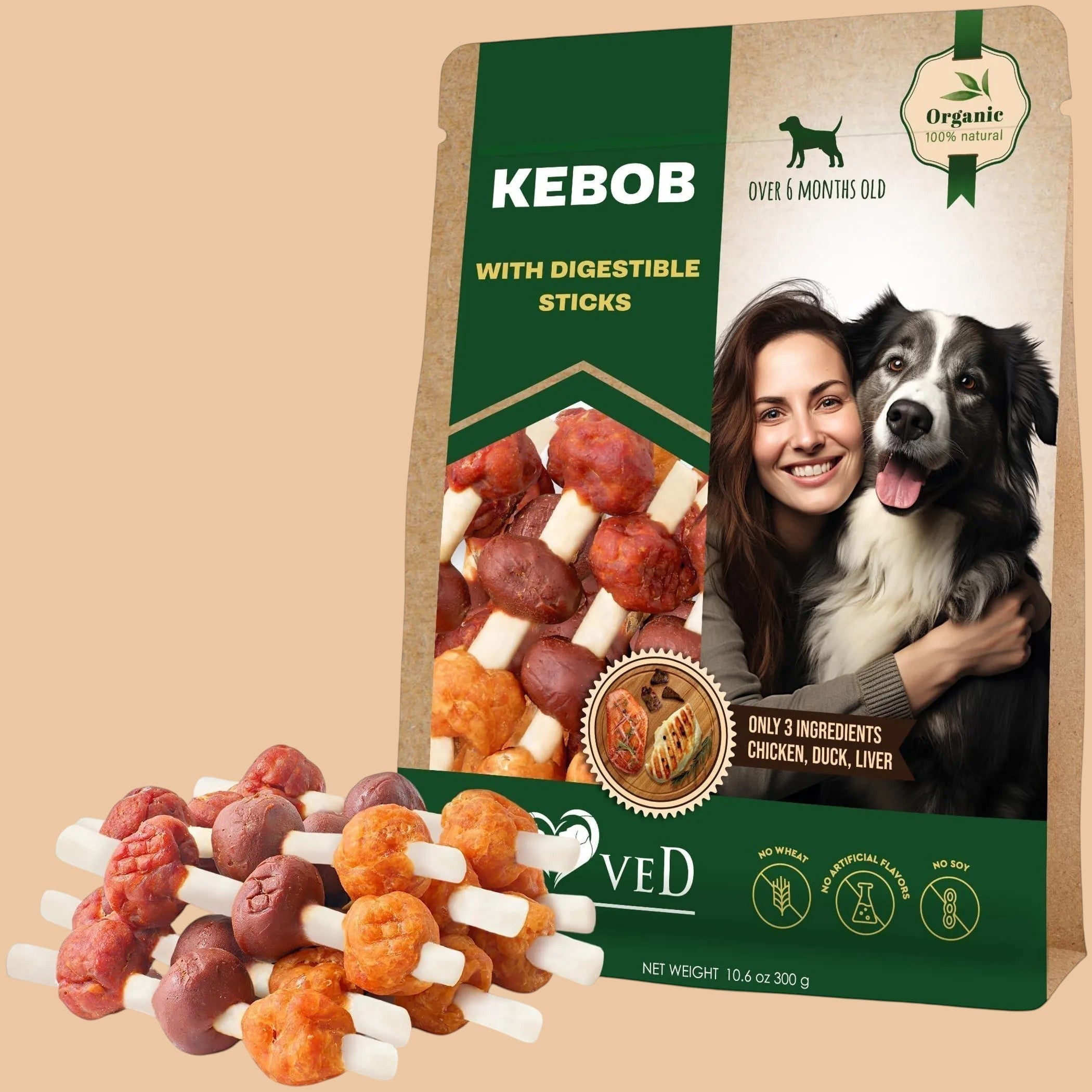 Pets Paradise Love organic duck and chicken kabob dog treats with dental sticks in a resealable pouch