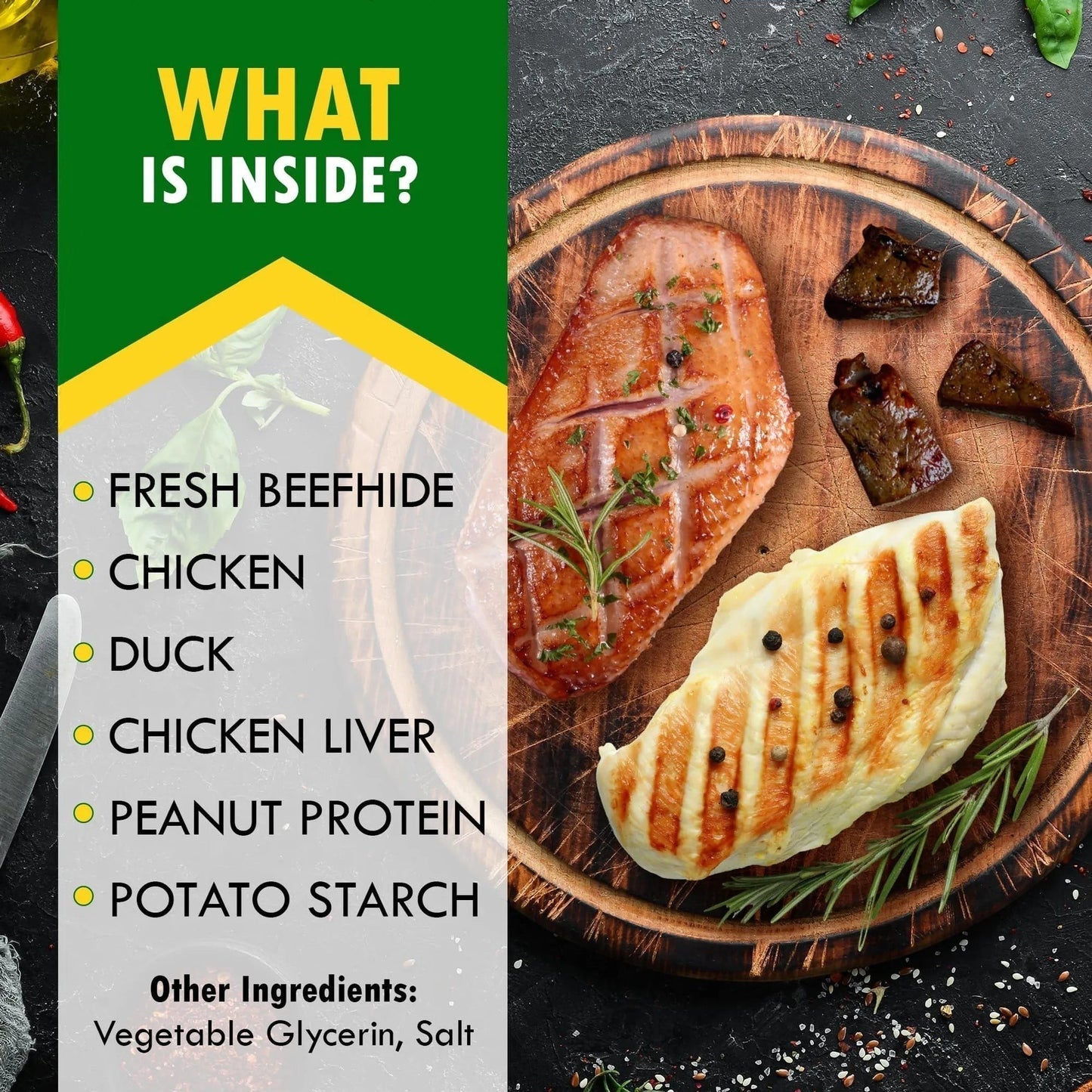 Pets Paradise Love organic dog treat ingredients featuring grilled duck, chicken, and liver on a wooden cutting board