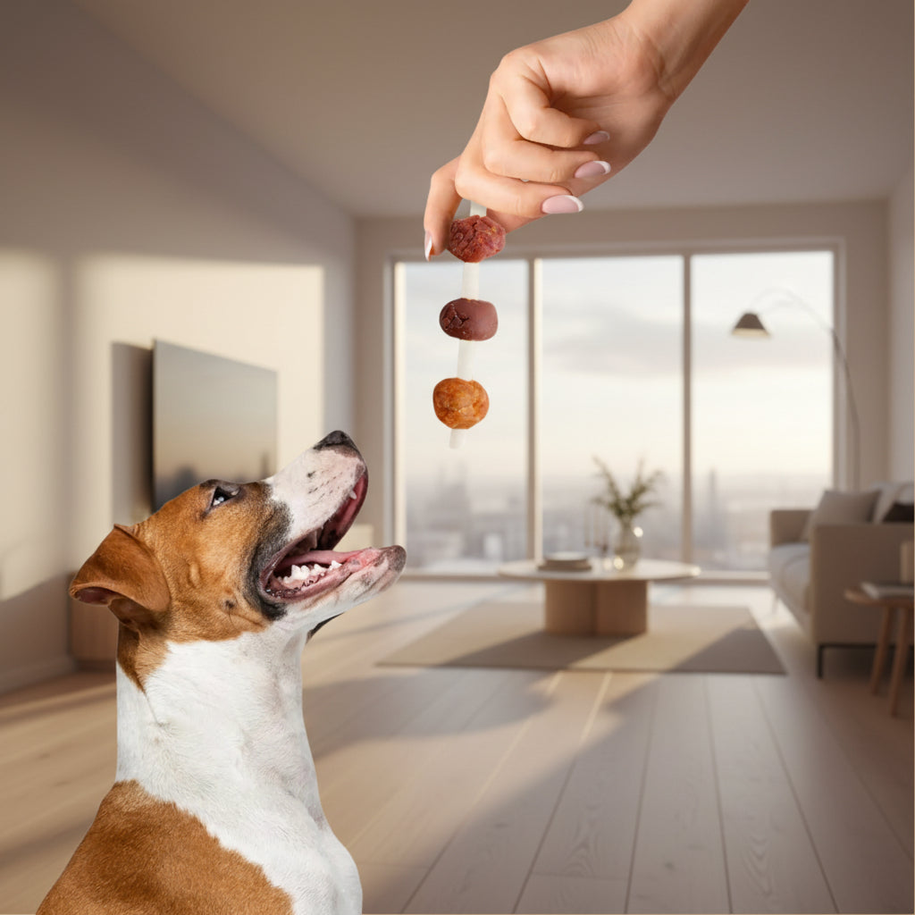 Pets Paradise Love organic duck and chicken kabob dog treats held by hand above a happy dog, showing dental benefits.