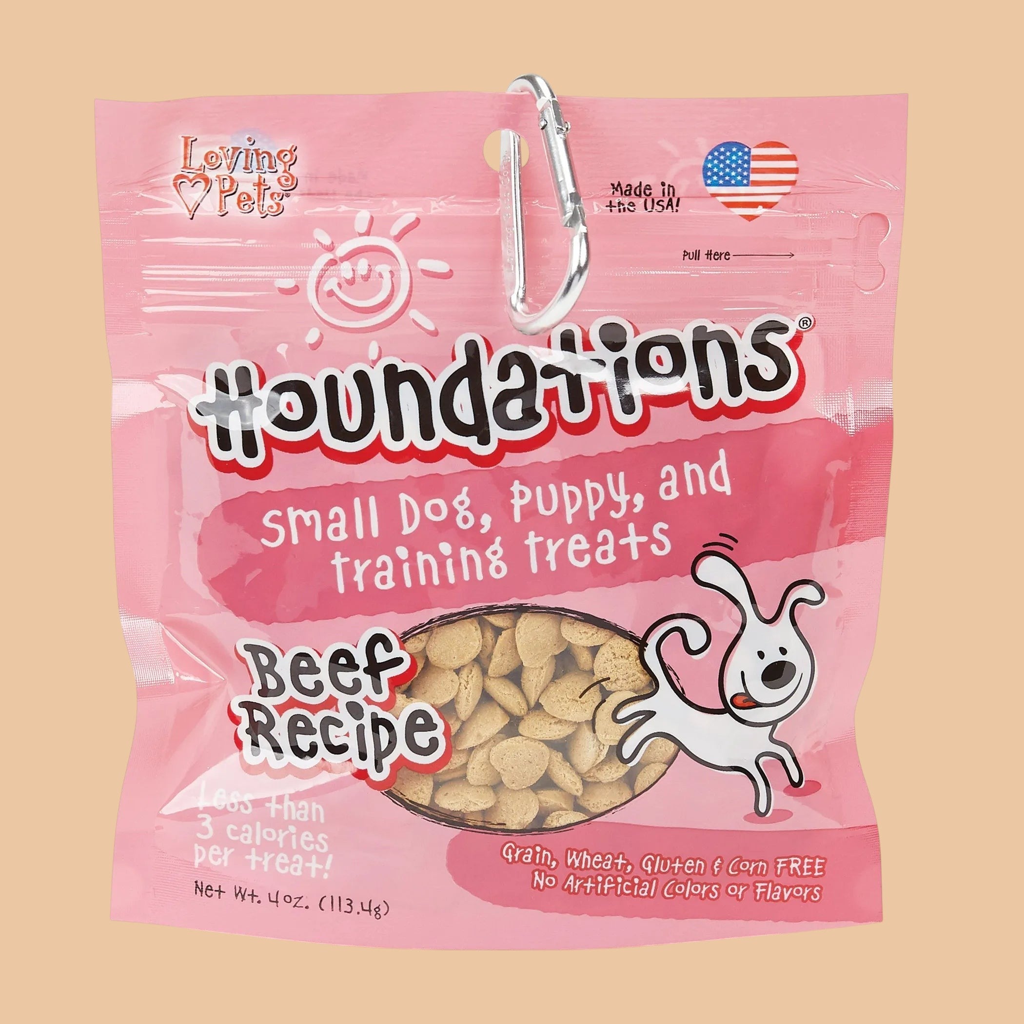 Pets Paradise Love Houndations beef training treats for small dogs and puppies in a pink 4oz resealable bag