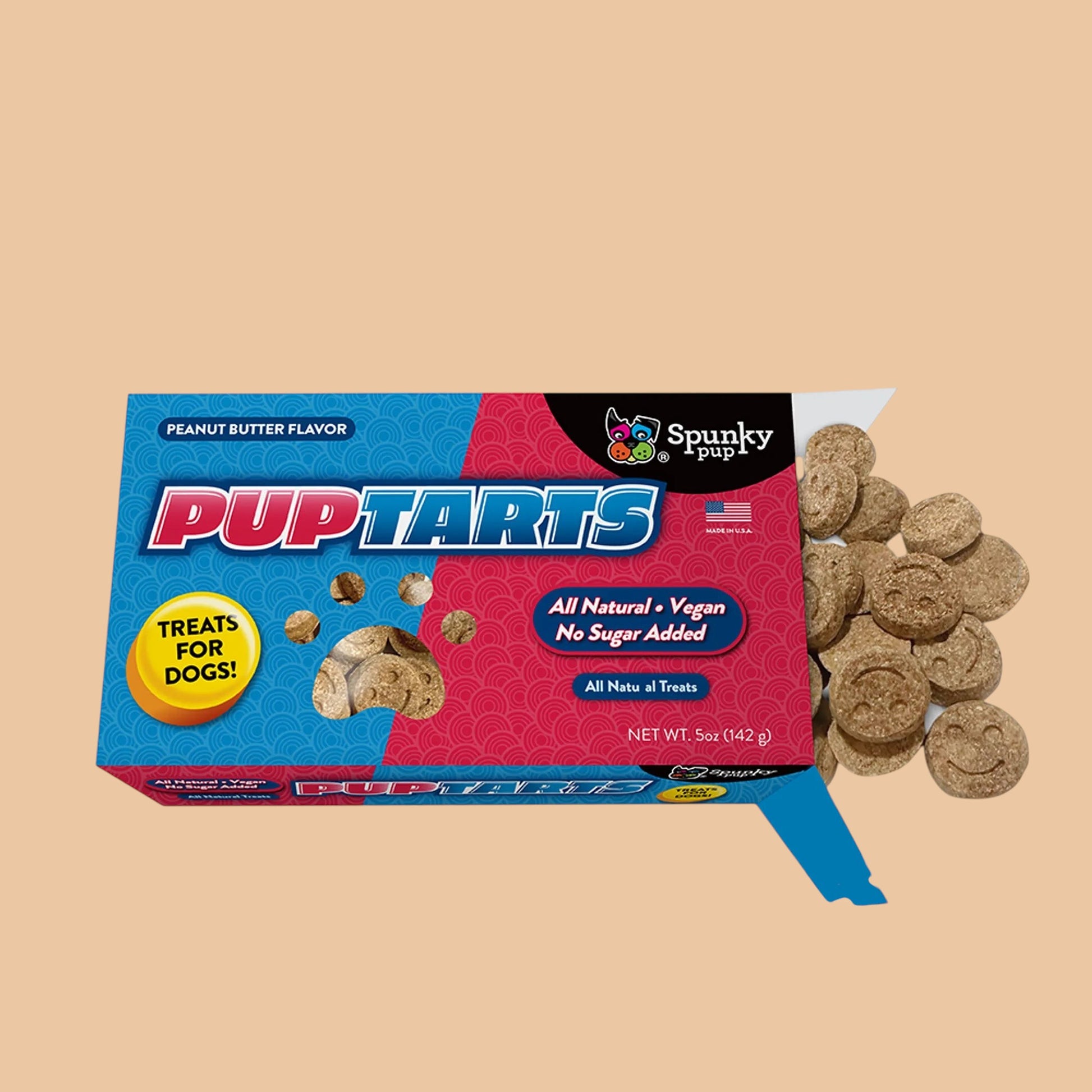 Pets Paradise Love Pup Tarts peanut butter dog treats in a blue and red box with crunchy smiley face biscuits
