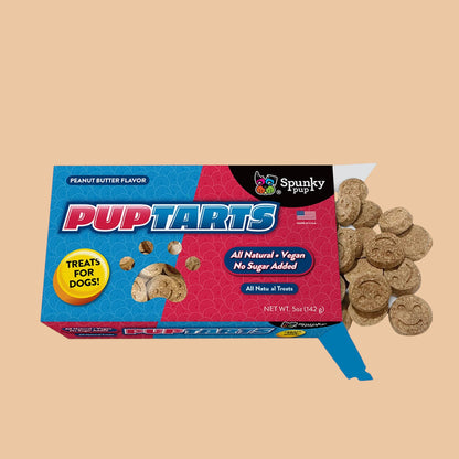 Pets Paradise Love Pup Tarts peanut butter crunchy dog biscuits in a blue and red box with smiley face imprints