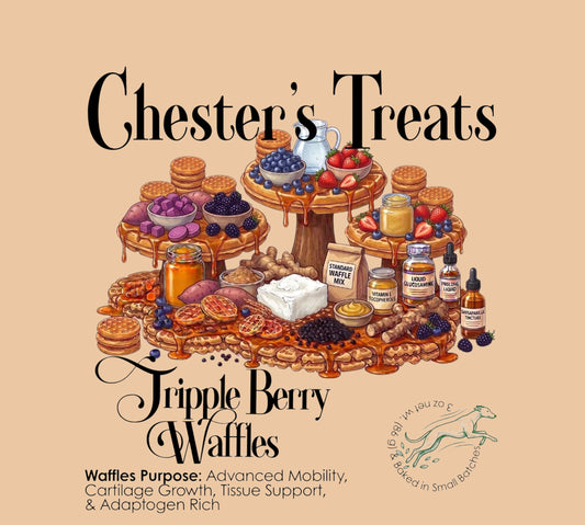 Pets Paradise Love Chester Triple Berry Waffle dog treats illustration featuring fresh berries and ingredients.