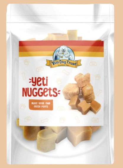 Pets Paradise Love Yeti Dog Nuggets, all-natural Himalayan yak milk cheese treats for dogs in a 3.5oz pouch.