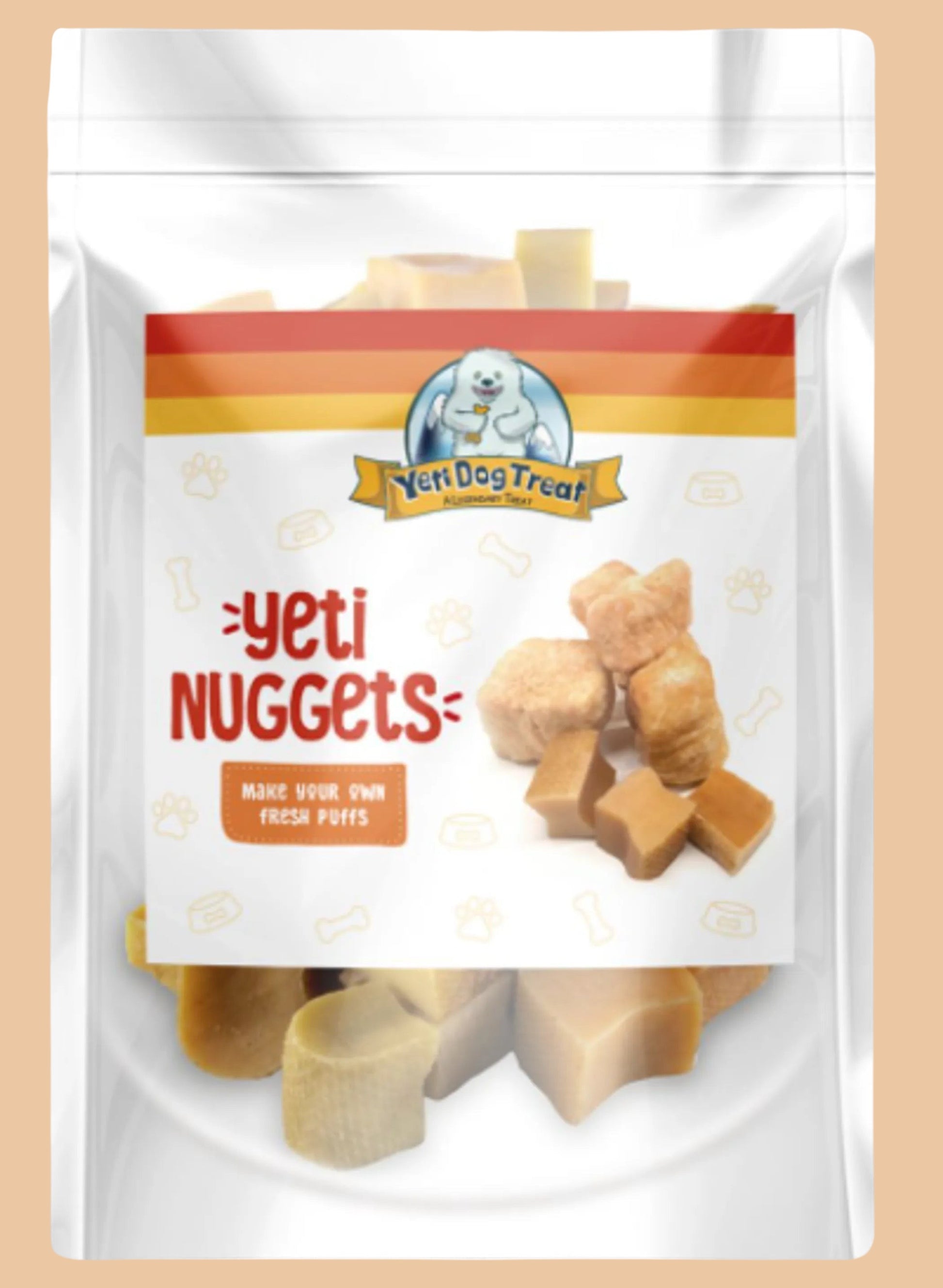 Pets Paradise Love Yeti Dog Nuggets, all-natural Himalayan yak milk cheese treats in a 3.5oz resealable pouch.