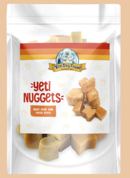 Pets Paradise Love Yeti Dog Nuggets, all-natural Himalayan yak milk cheese treats in a 3.5oz resealable pouch.