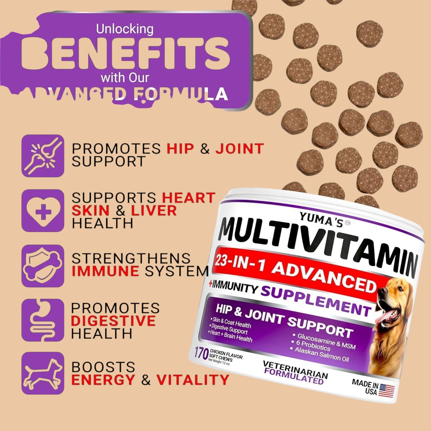 Pets Paradise Love YUMA'S 23-in-1 dog multivitamin soft chews with hip, joint, and immune support benefits.