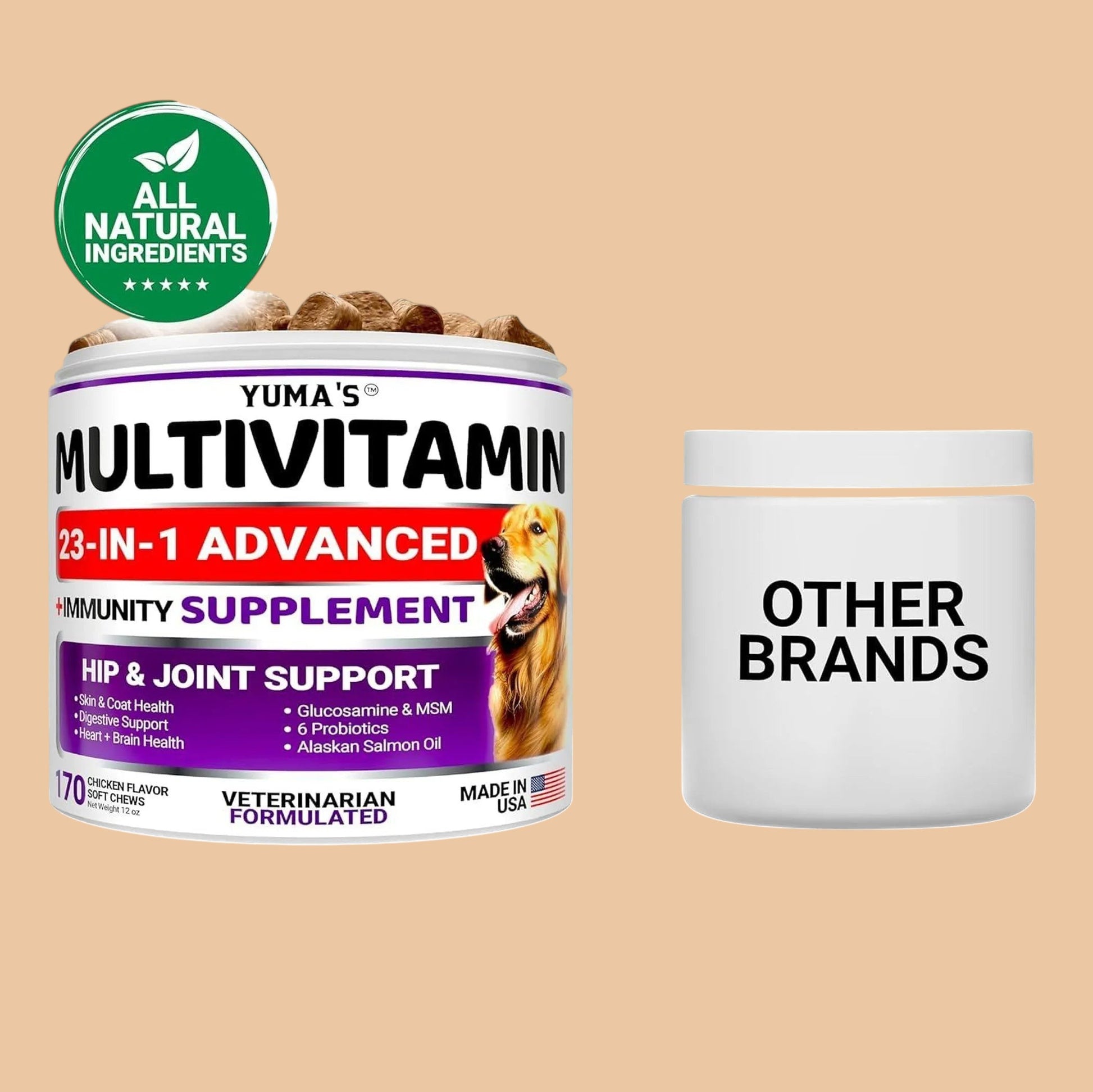 Pets Paradise Love YUMA'S 23-in-1 chicken flavor multivitamin soft chews for dog hip and joint health in a jar