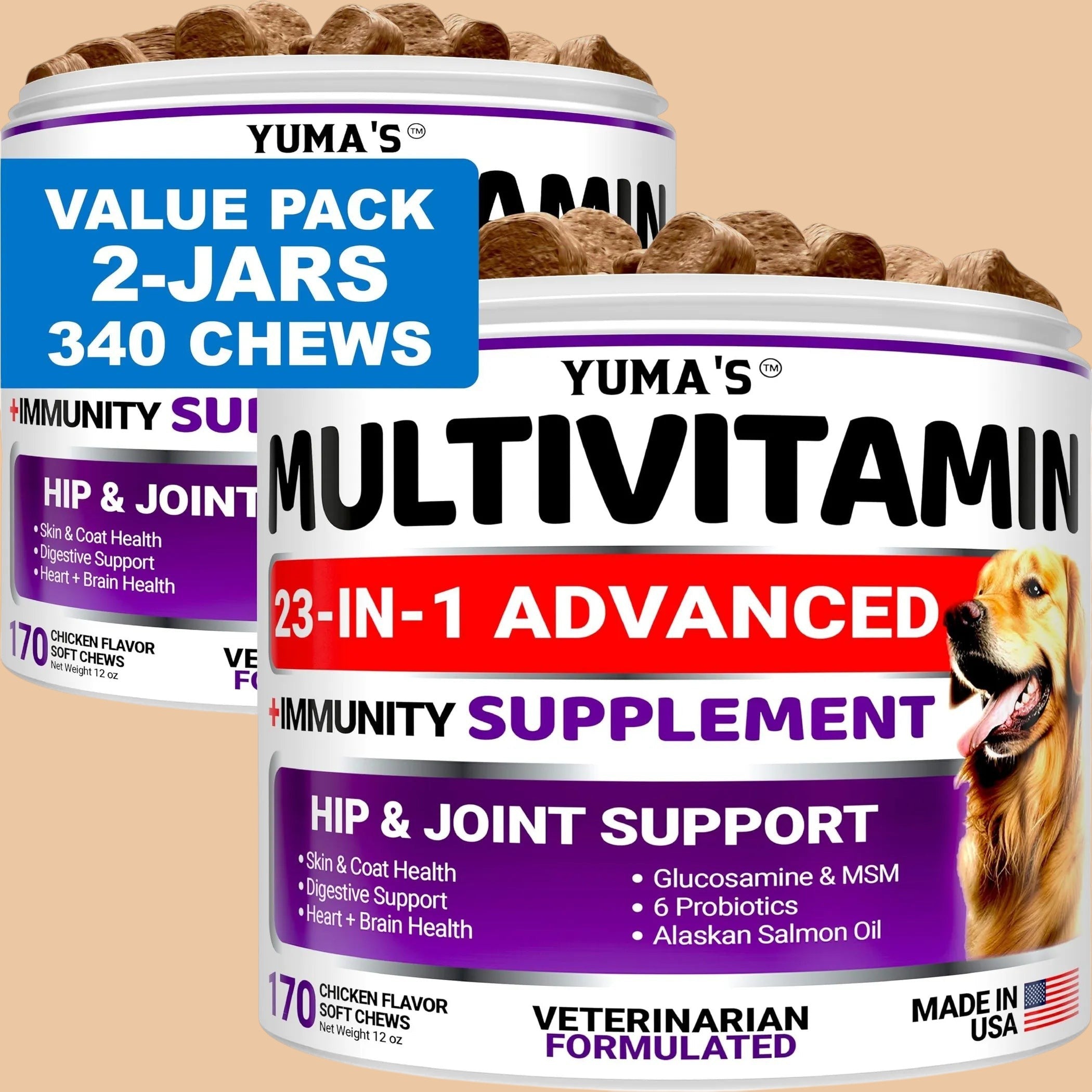 Pets Paradise Love YUMA'S 2-jar value pack of 23-in-1 chicken-flavored multivitamin soft chews for dog joint health.