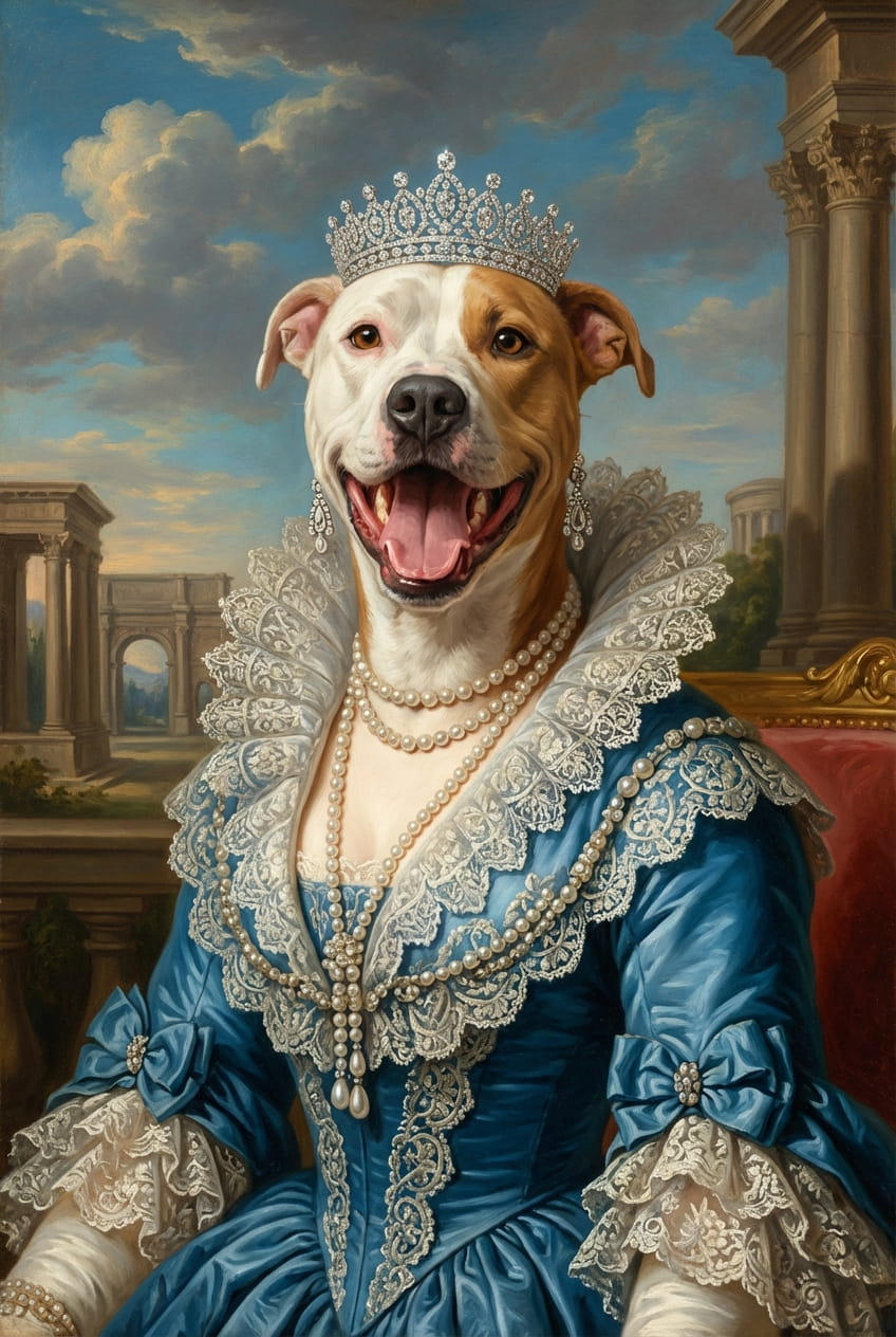 Dog in a classical painting style with a blue dress and tiara, sitting in a regal setting.