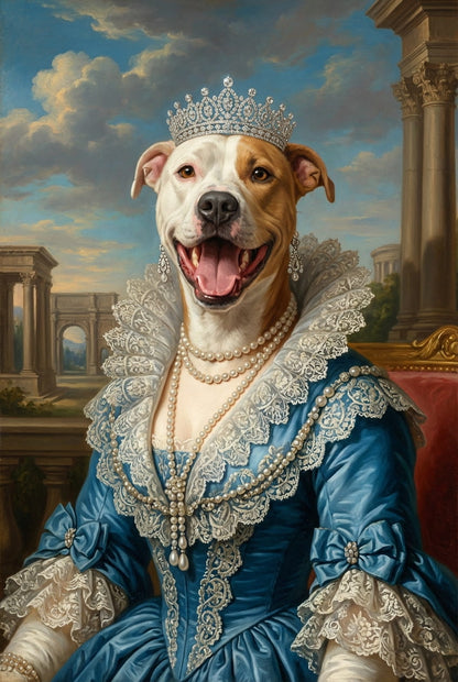 Dog in a classical painting style with a blue dress and tiara, sitting in a regal setting.