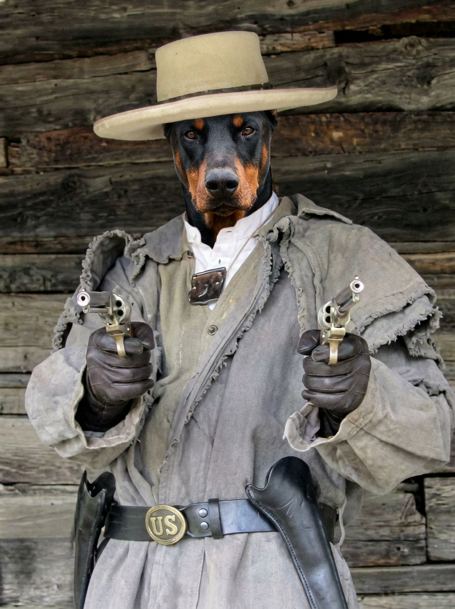 Dog dressed as a cowboy holding two revolvers against a wooden wall background