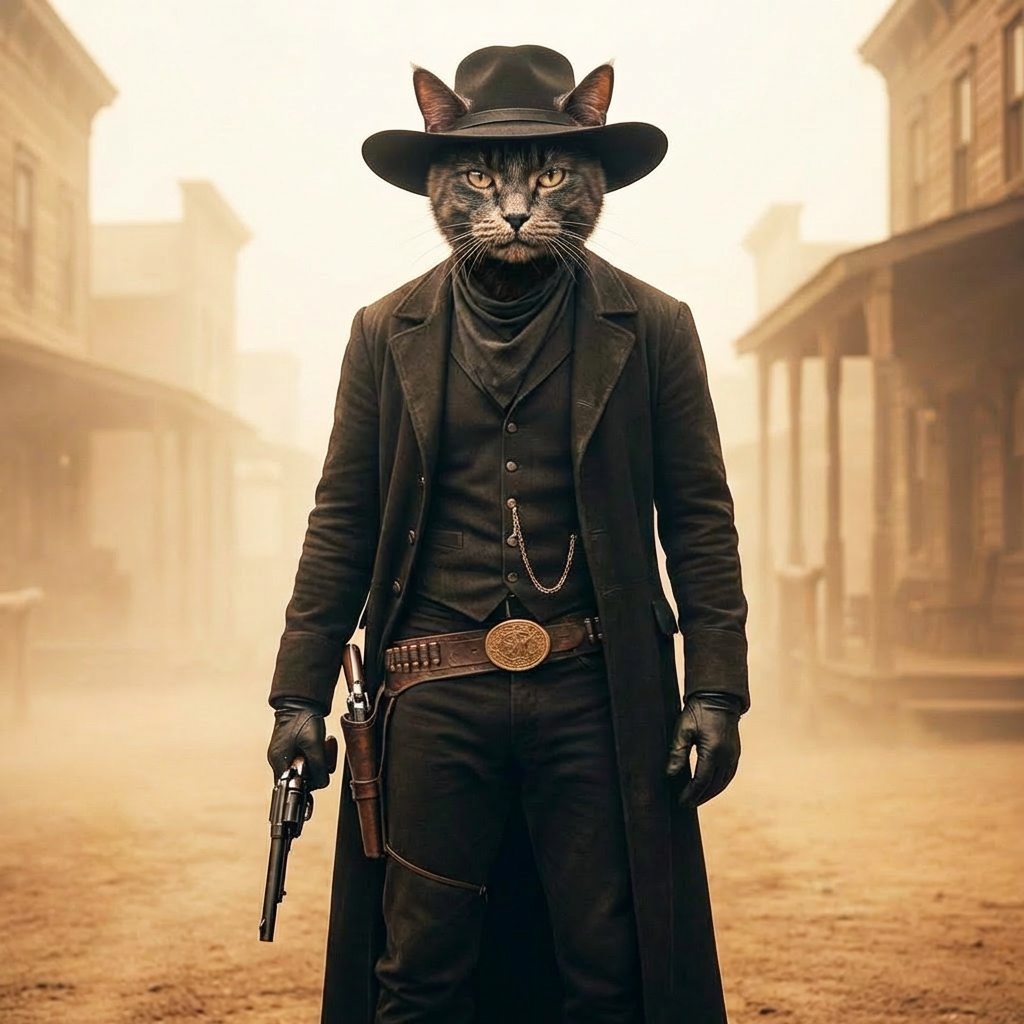 Cat in a cowboy outfit with a gun on a dusty street