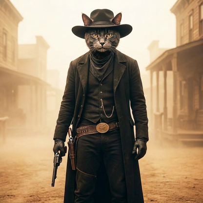 Cat in a cowboy outfit with a gun on a dusty street